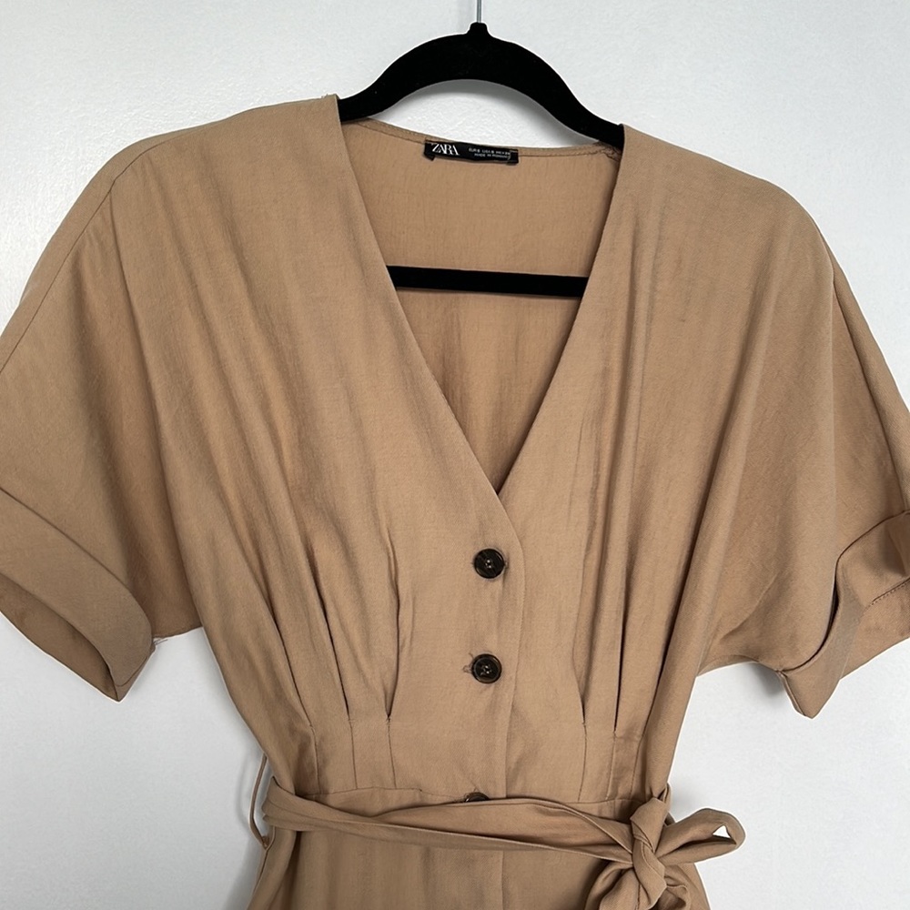 Zara Tie-Waist Button-Front Mini Dress | Beige/Tan | Size Small - Picture 2 of 3